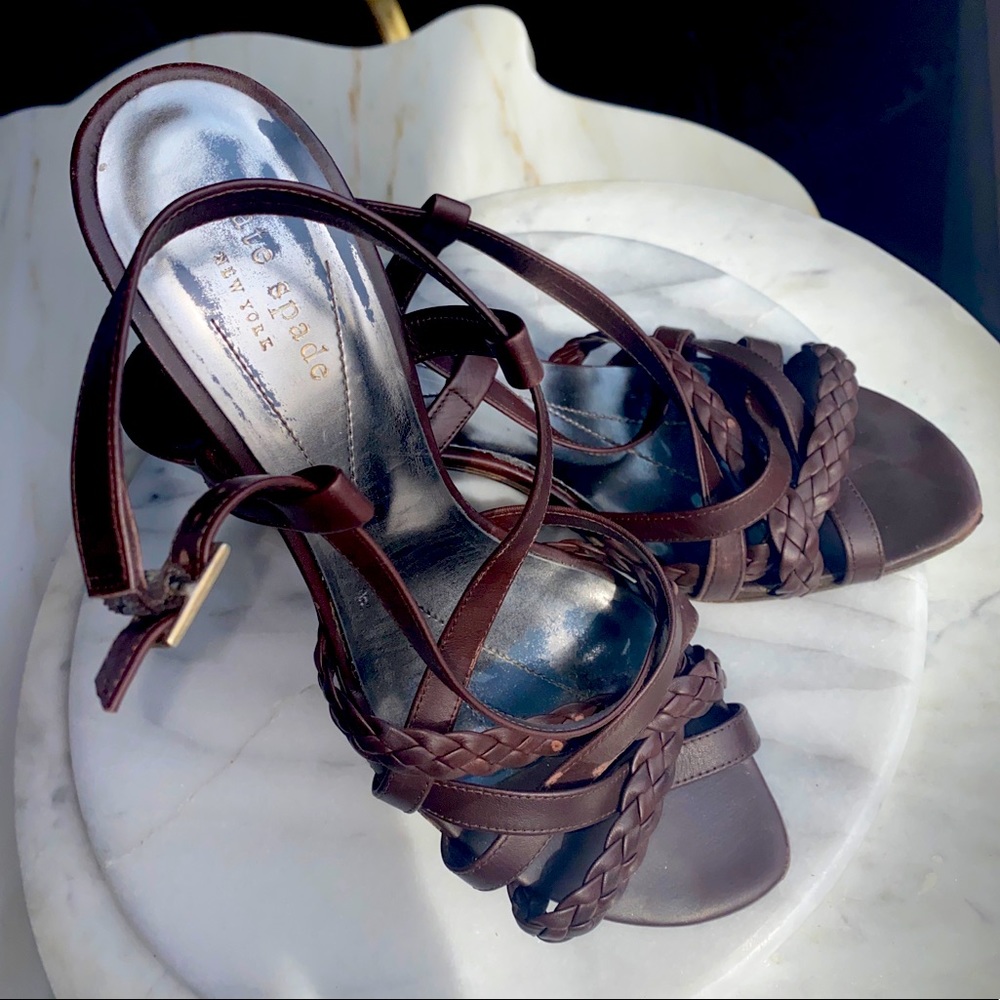 Kate Spade Brown Braided Leather Y2K Vintage  Strappy Sandals Block Heels 9.5